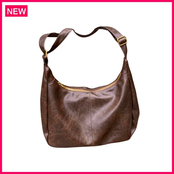 Soft PU Leather Crossbody Hobo Bag with Zipper Closure Slouchy Vintage Style